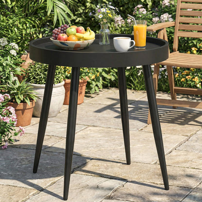 49.5 cm Round Garden Table, Small Outdoor Coffee Side Table with Plastic Tray-Style Top, Metal Legs, Garden Tables for Indoor, Patio, Porch, Balcony, Black