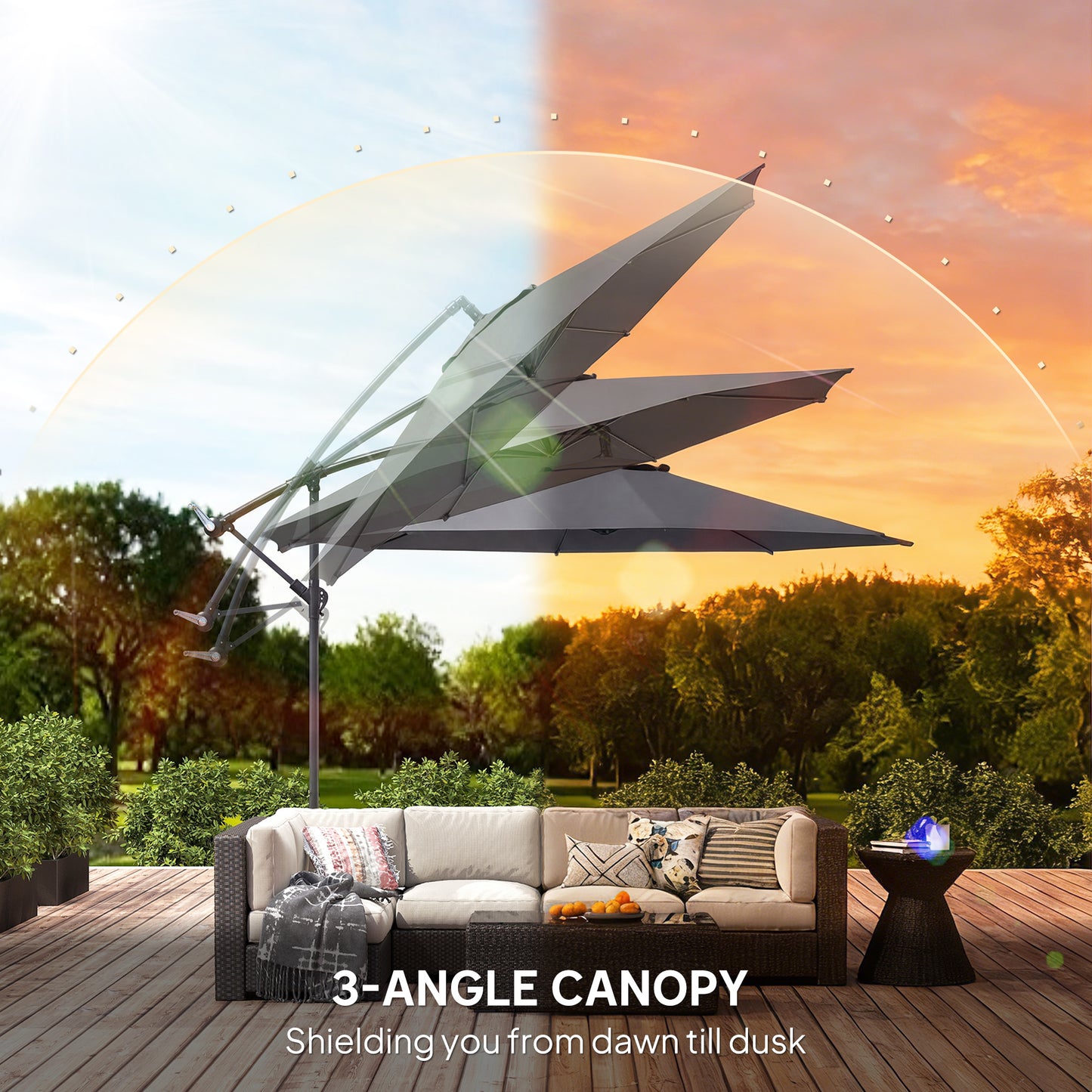 3(m) Garden Banana Parasol Cantilever Umbrella w/ Base, Grey