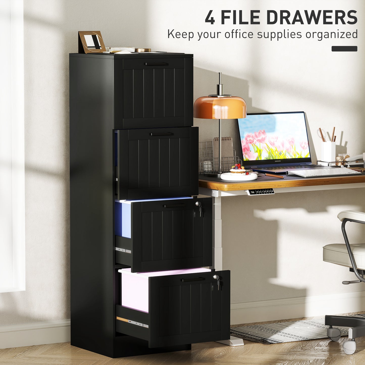 4 Drawer File Cabinet with Lock and Adjustable Hanging Bars, Black