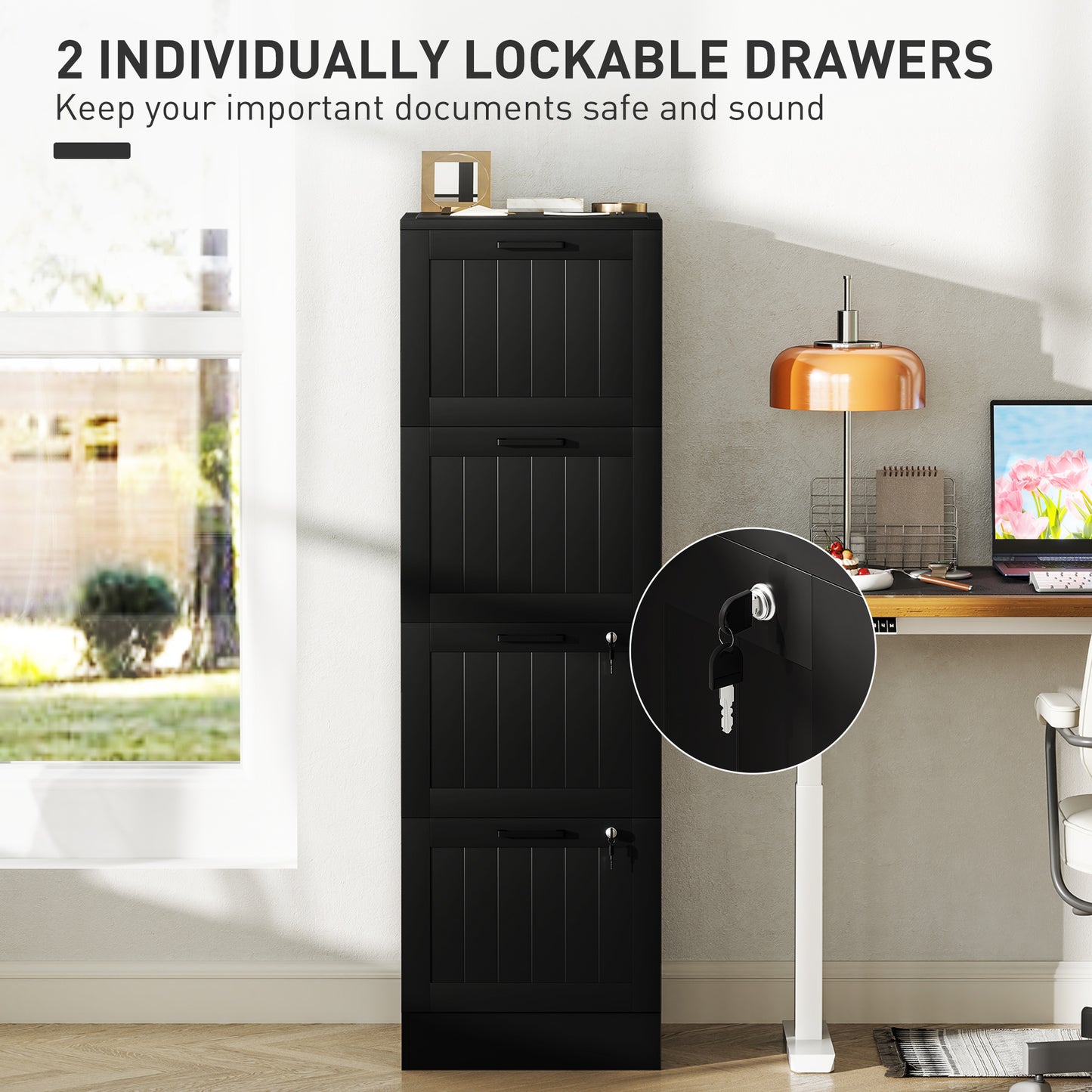 4 Drawer File Cabinet with Lock and Adjustable Hanging Bars, Black