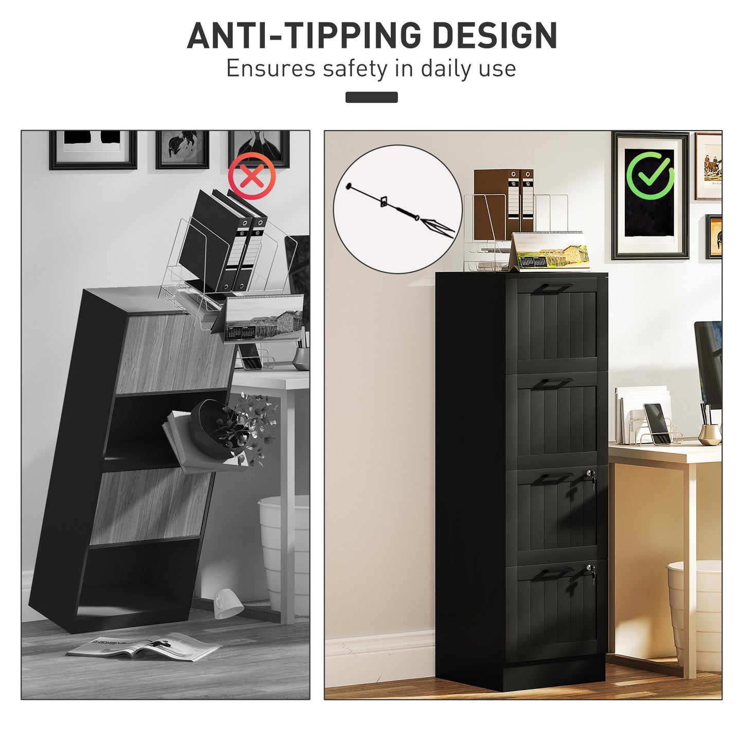 4 Drawer File Cabinet with Lock and Adjustable Hanging Bars, Black