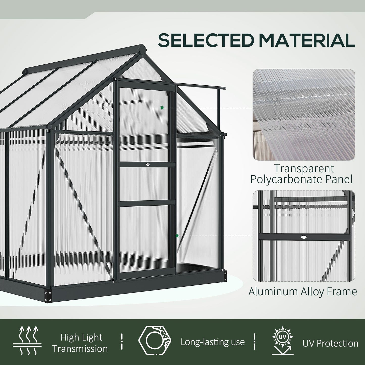 6 x 6ft Polycarbonate Greenhouse, Large Walk in Green House with Slide Door and Window, Grey