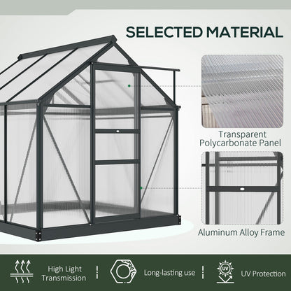 6 x 6ft Polycarbonate Greenhouse, Large Walk in Green House with Slide Door and Window, Grey