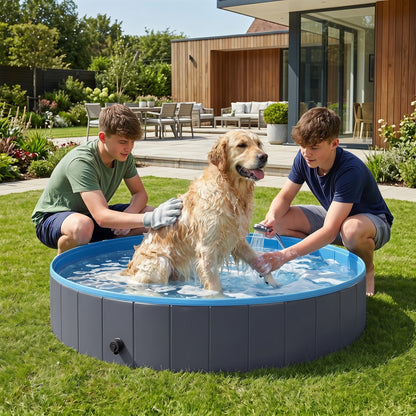 Foldable Dog Pool for Puppies and Ducks, Thickened PVC Dog Paddling Pool Bath Tub Hard Board, Anti-Slip Bottom and Hose Adapter for Easy Drainage, 140 x 30cm, Blue and Dark Grey