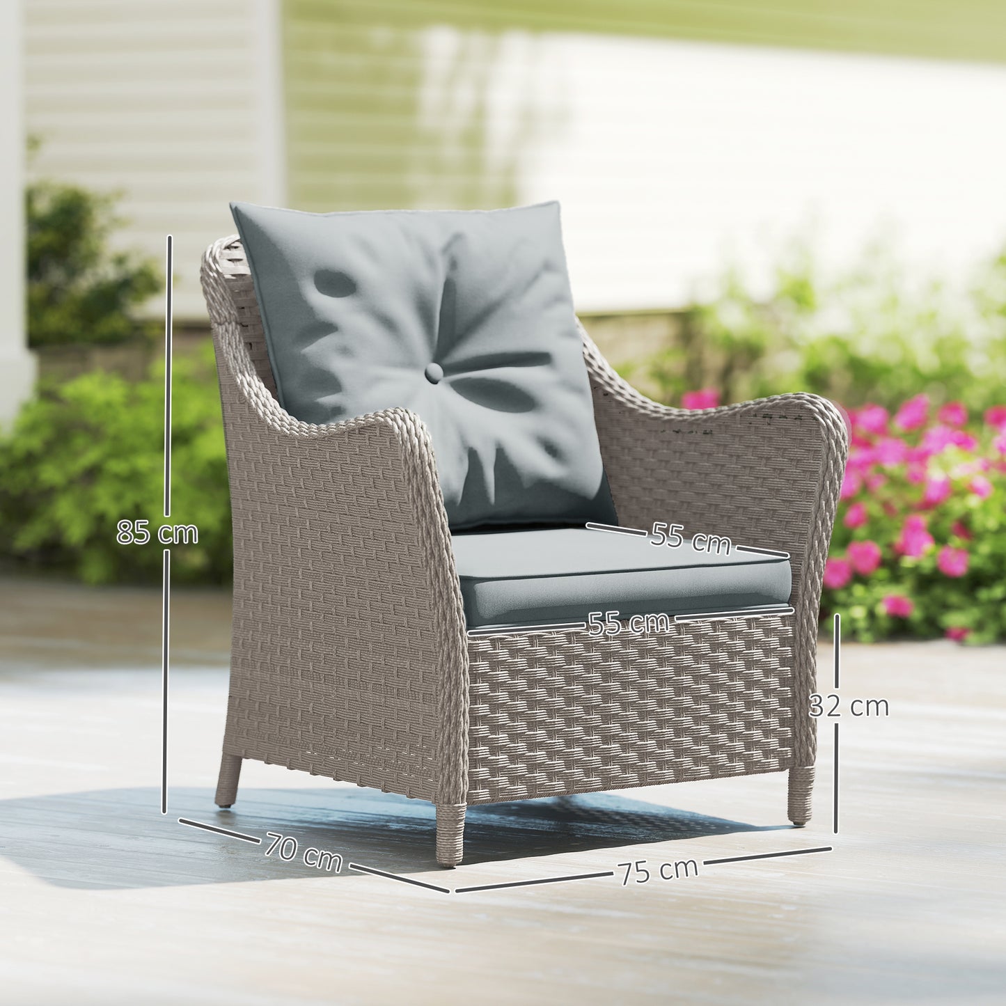 2 Pieces Rattan Garden Chairs, Cushioned Rattan Chairs, Light Grey
