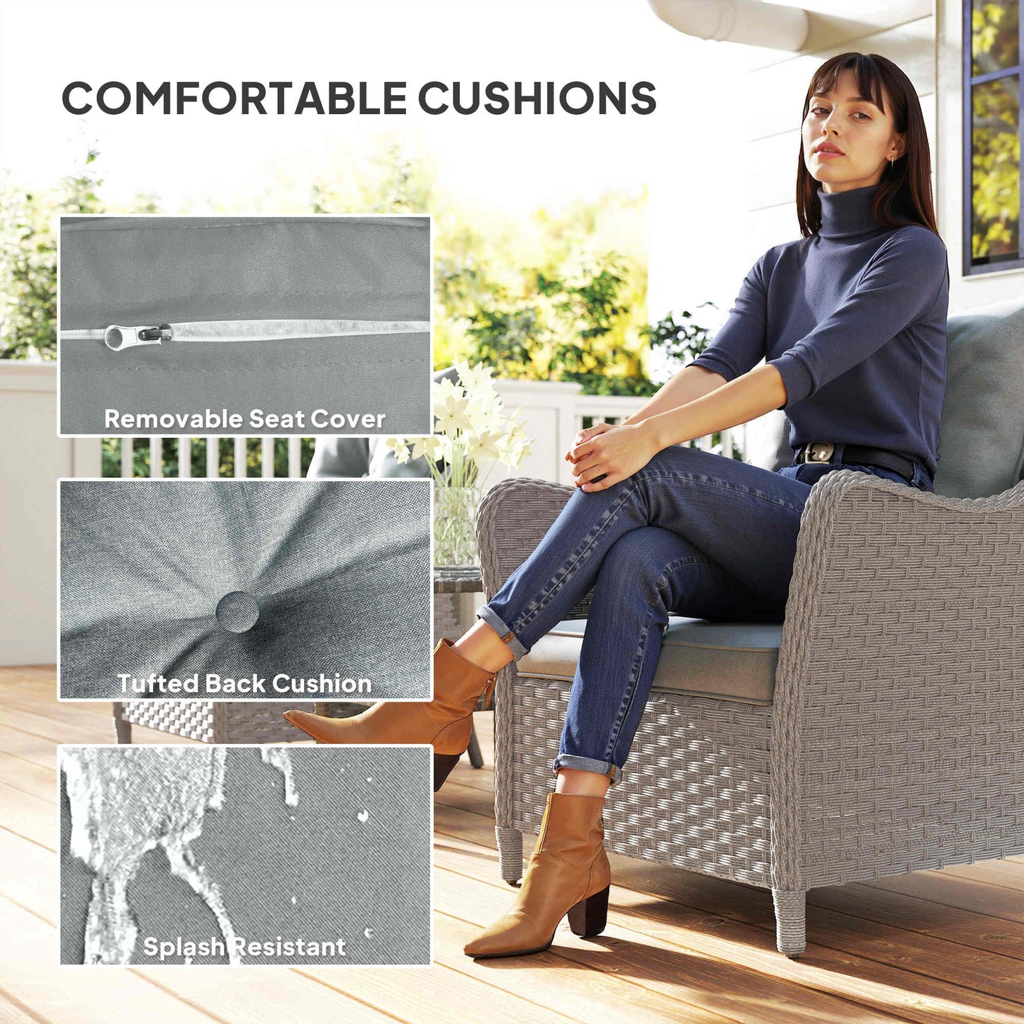 2 Pieces Rattan Garden Chairs, Cushioned Rattan Chairs, Light Grey