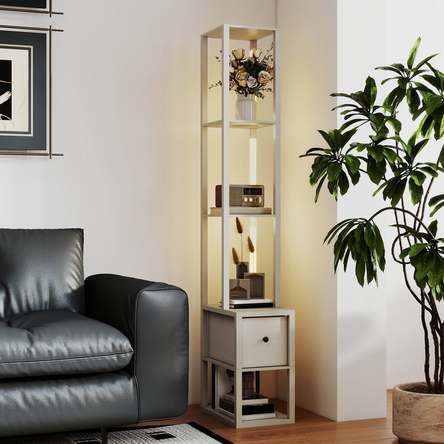 Floor Lamp with Shelves, LED Standing Lamp with Fabric Drawer, Oak