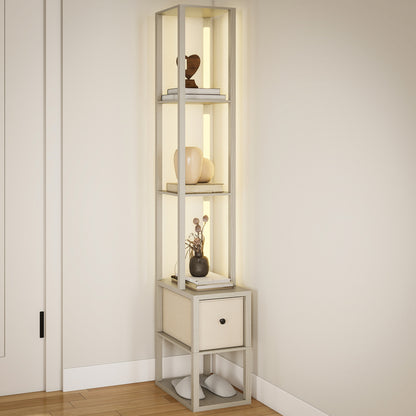 Floor Lamp with Shelves, LED Standing Lamp with Fabric Drawer, Oak