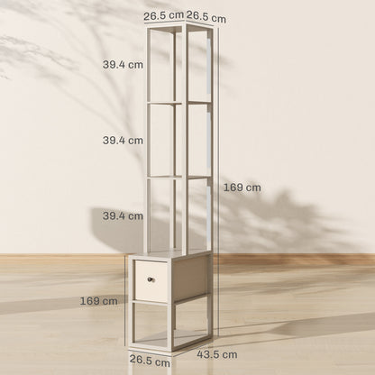 Floor Lamp with Shelves, LED Standing Lamp with Fabric Drawer, Oak