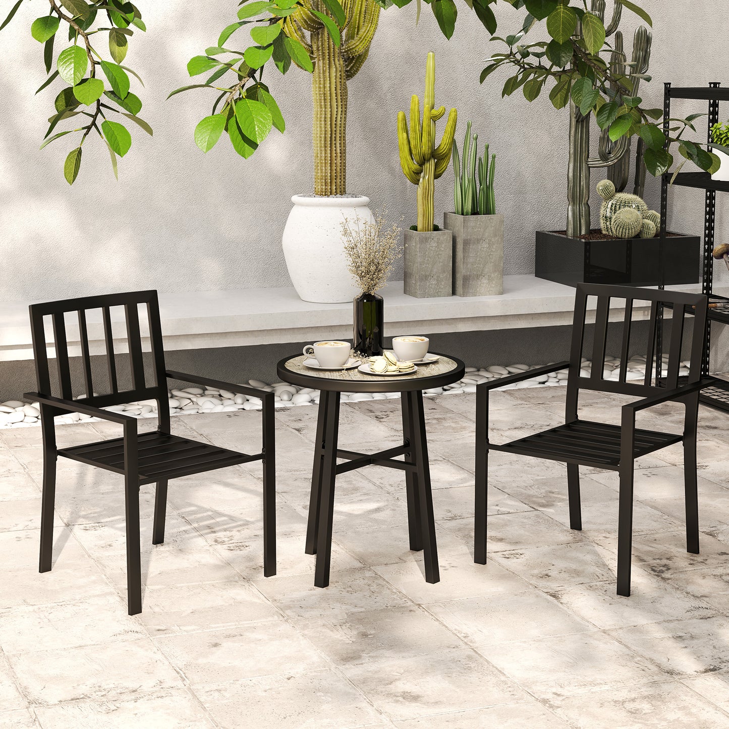 3 Piece Patio Bistro Set with Plastic Top, 2 Stackable Chairs, Grey