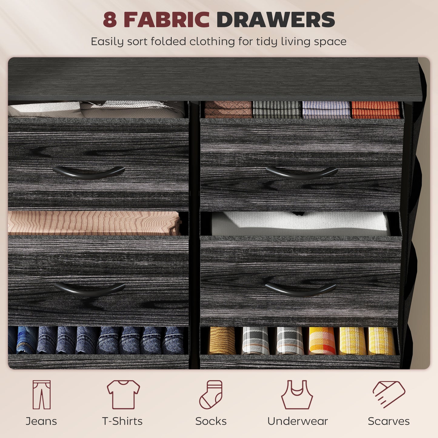 Fabric Chest of Drawers, 8 Drawer Dresser for Bedroom, Black