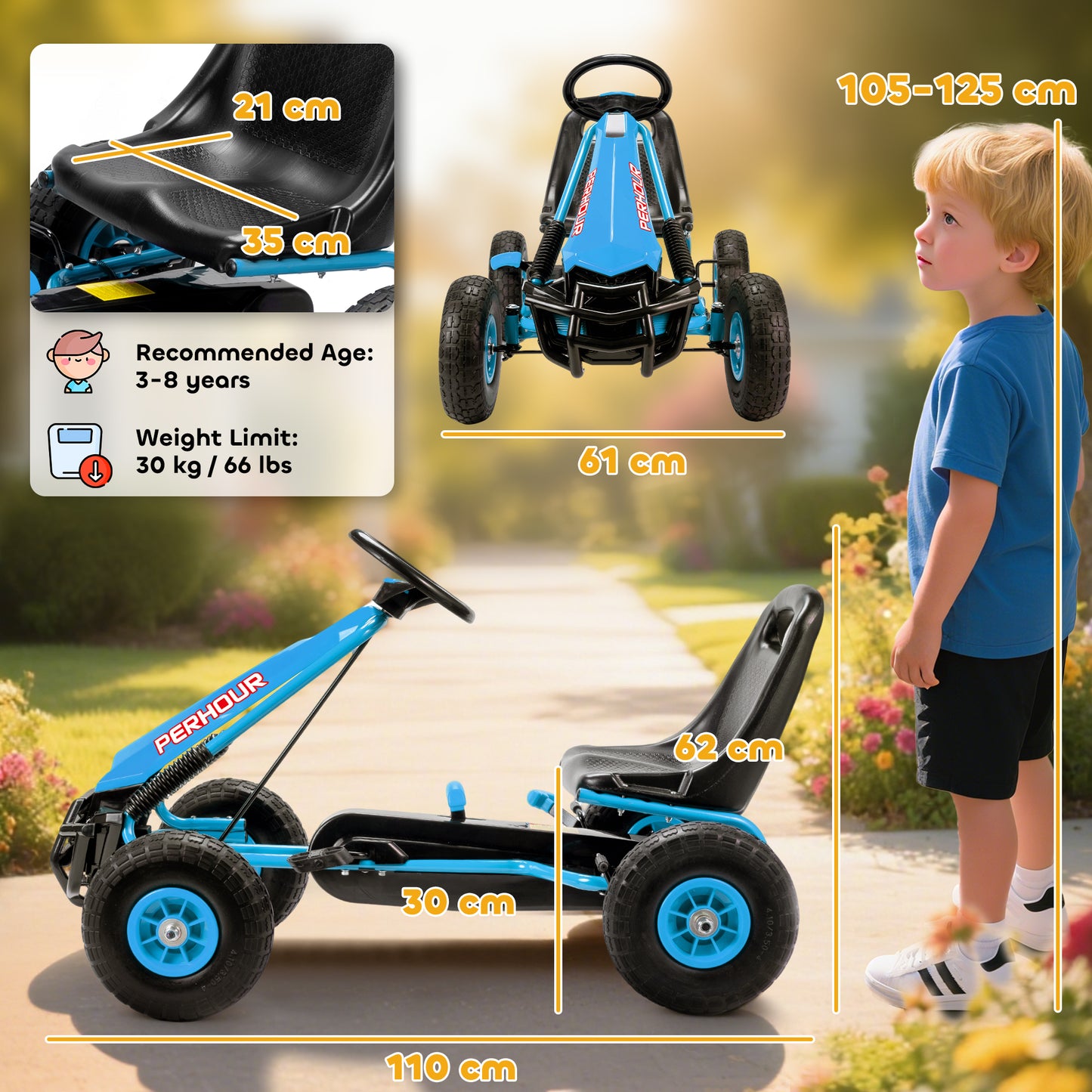 Kids Pedal Go Kart with Adjustable Seat, EVA Tyres, Blue