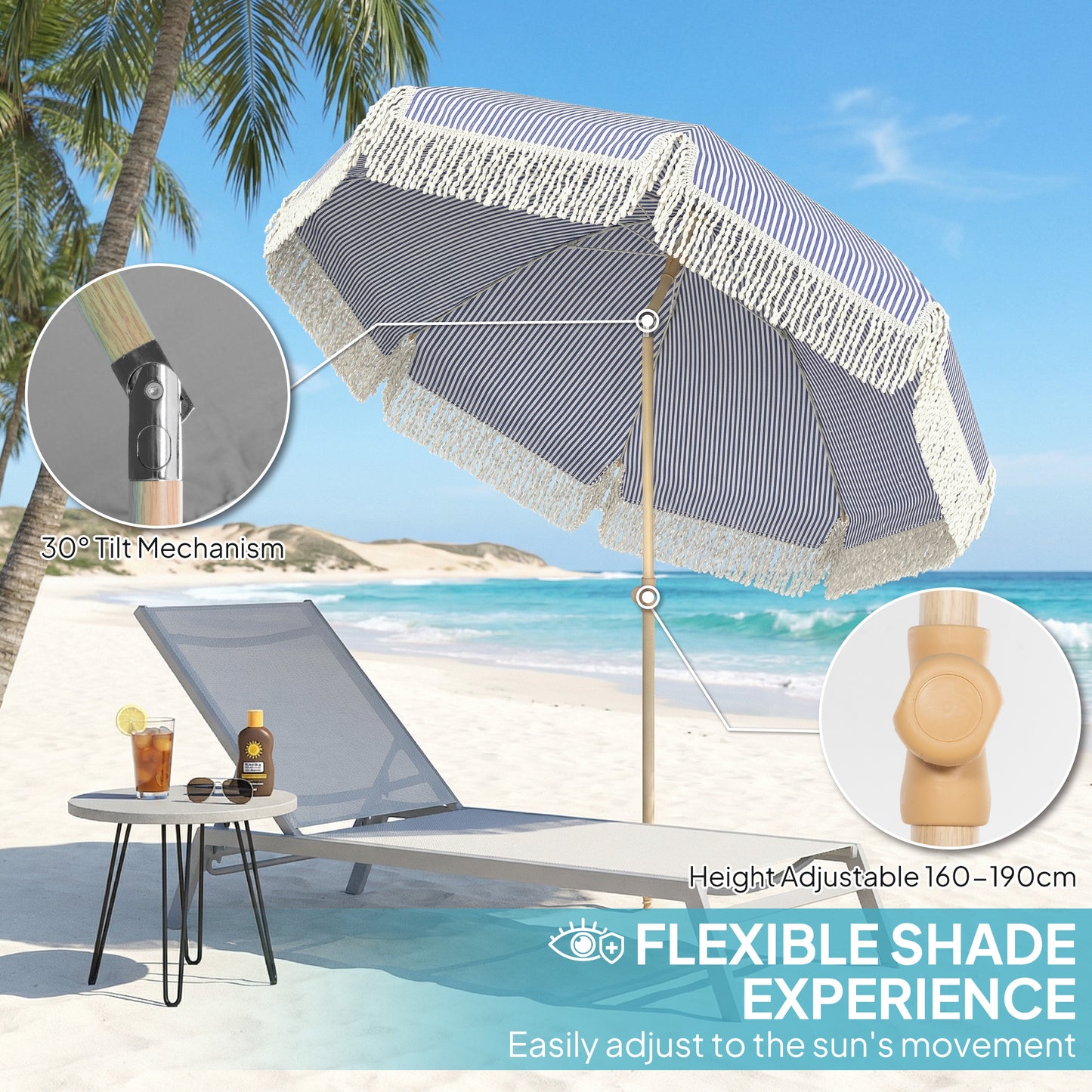 1.7 m Beach Umbrella, Adjustable Height Portable Parasol, Blue