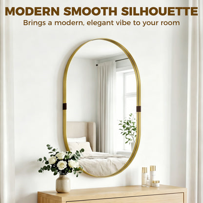 Wall Mirror with Elevated Aluminium Alloy Frame, 60 x 90 cm Bathroom Mirror with Tempered Glass for Living Room, Bedroom, Hallway, Gold Tone