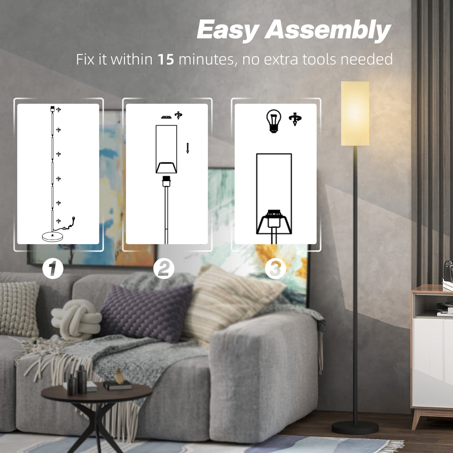 Floor Lamp with Linen Shade & Foot Switch for Living Room, White