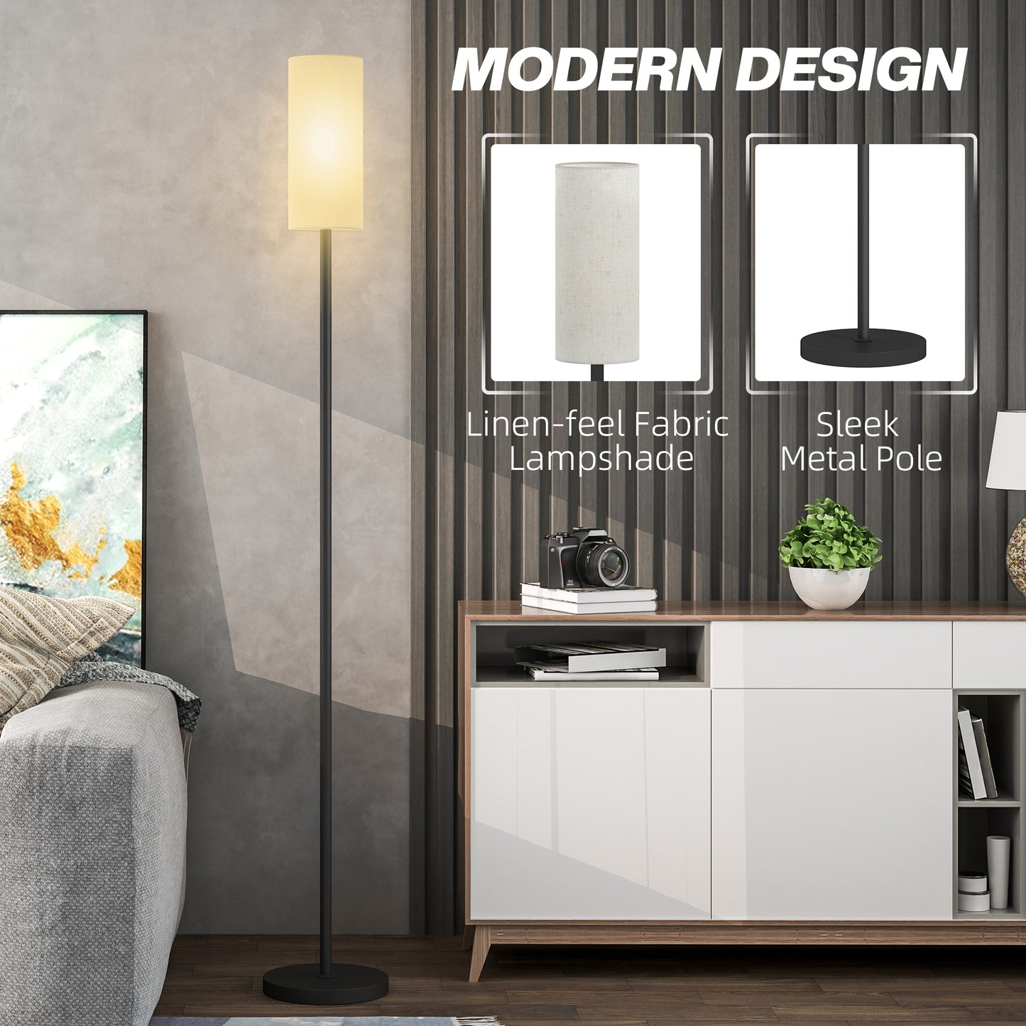Floor Lamp with Linen Shade & Foot Switch for Living Room, White