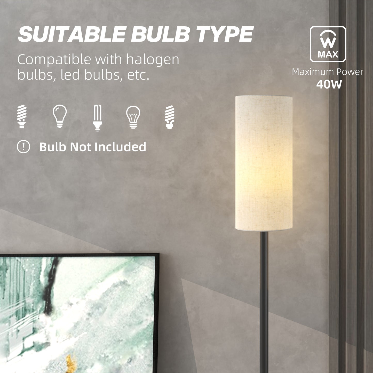 Floor Lamp with Linen Shade & Foot Switch for Living Room, White