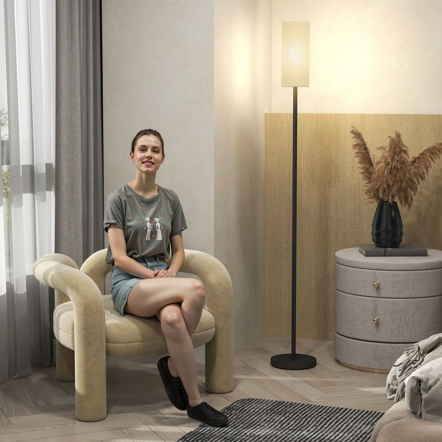 Floor Lamp with Linen Shade & Foot Switch for Living Room, White