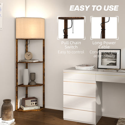 Corner Modern Floor Lamp with Shelves for Living Room, Rustic Brown