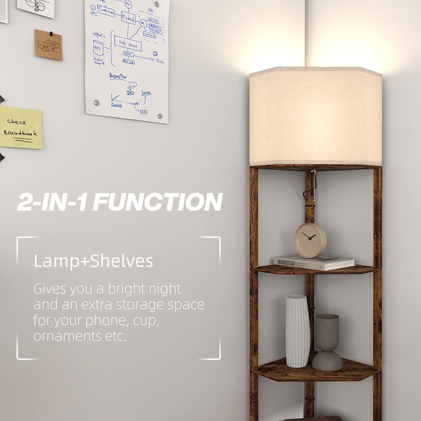 Corner Modern Floor Lamp with Shelves for Living Room, Rustic Brown