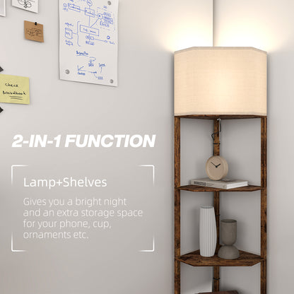 Corner Modern Floor Lamp with Shelves for Living Room, Rustic Brown