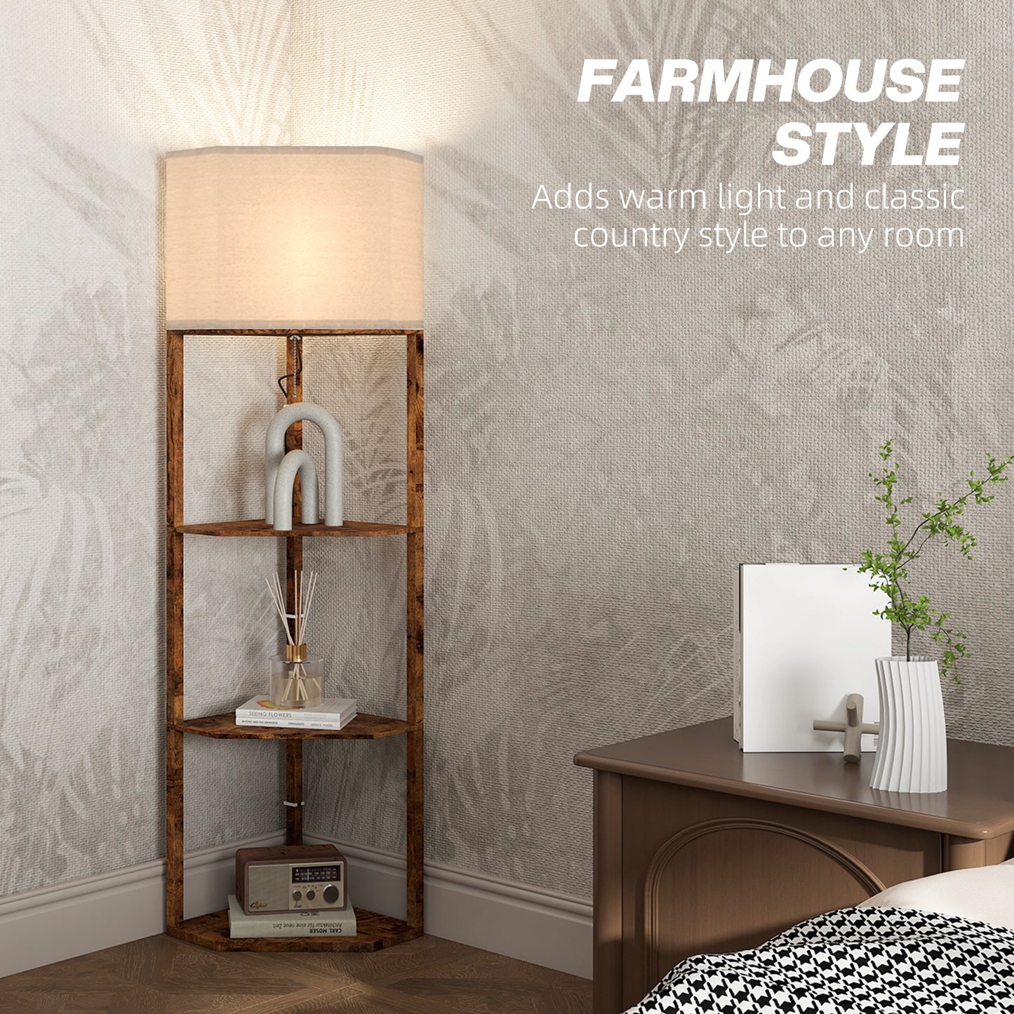 Corner Modern Floor Lamp with Shelves for Living Room, Rustic Brown
