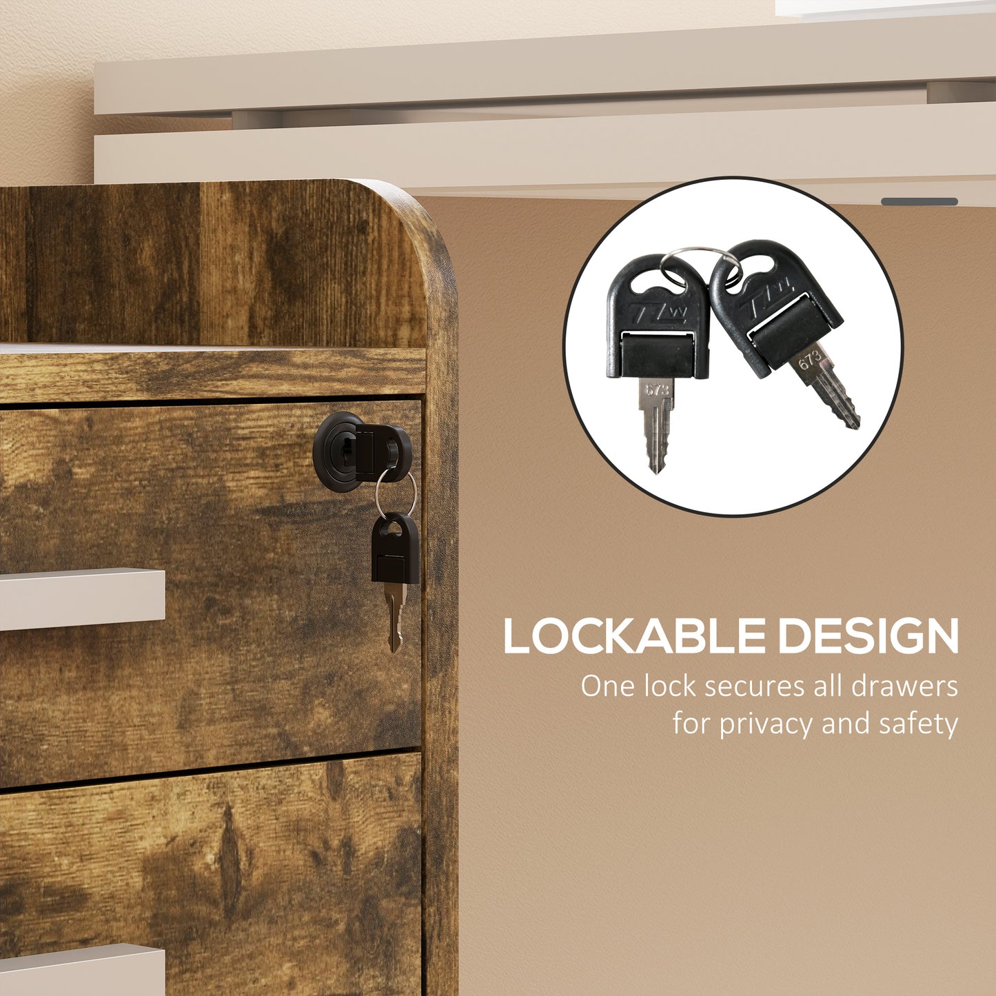 Mobile Filing Cabinet, Lockable File Cabinet with 2 keys Rustic Brown