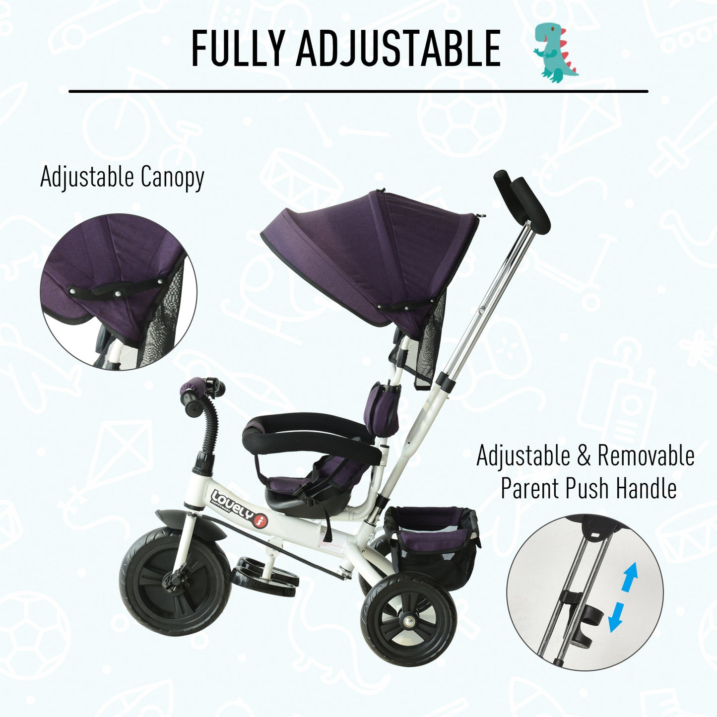 Baby Tricycle W/Handle-White/Purple