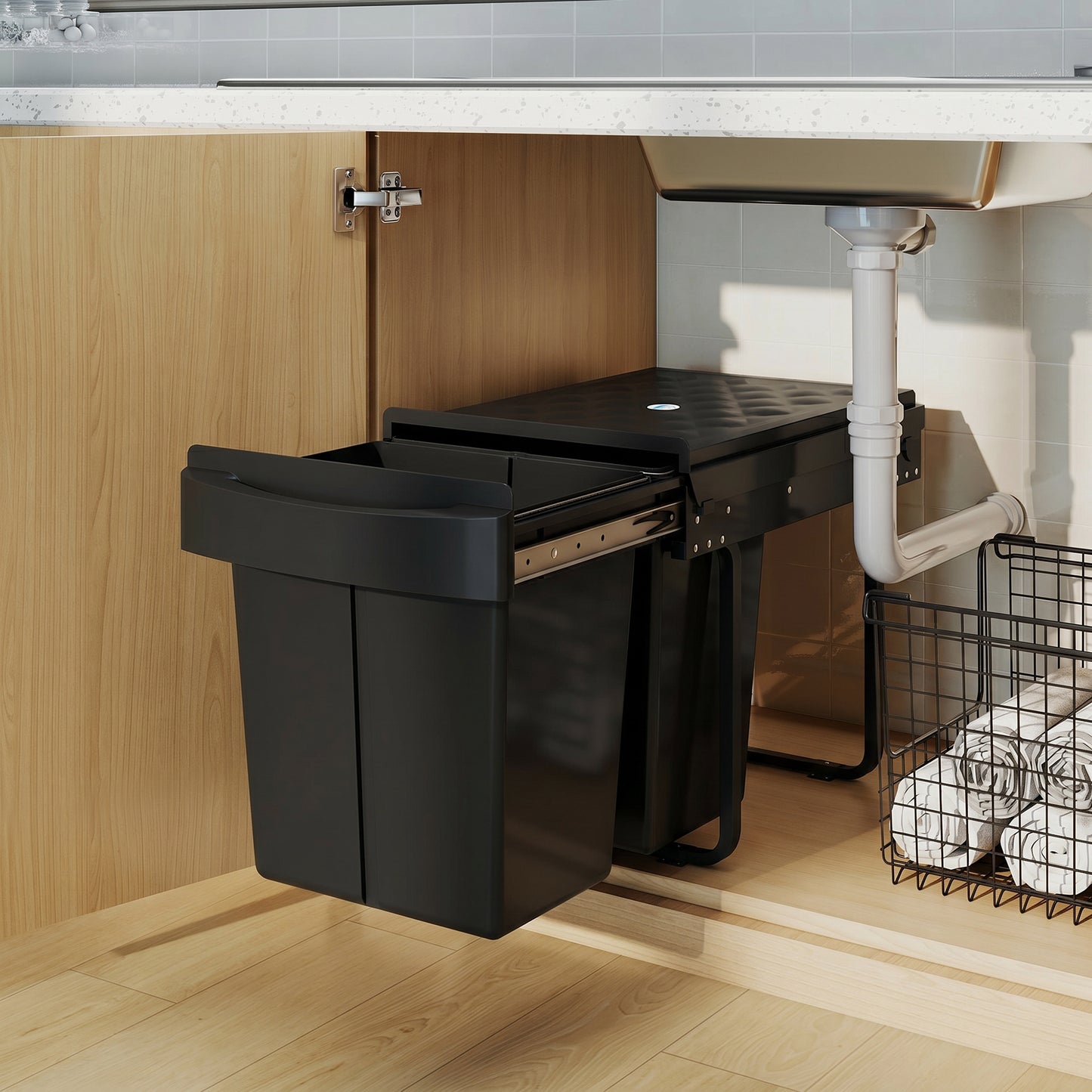 Pull Out Bin with Smooth Glide and Frosted Storage Lid, Soft-Close Kitchen Under Sink Bin with 2 Removable Compartments and Handle for Waste and Recycling, 40L (20L+20L), Black
