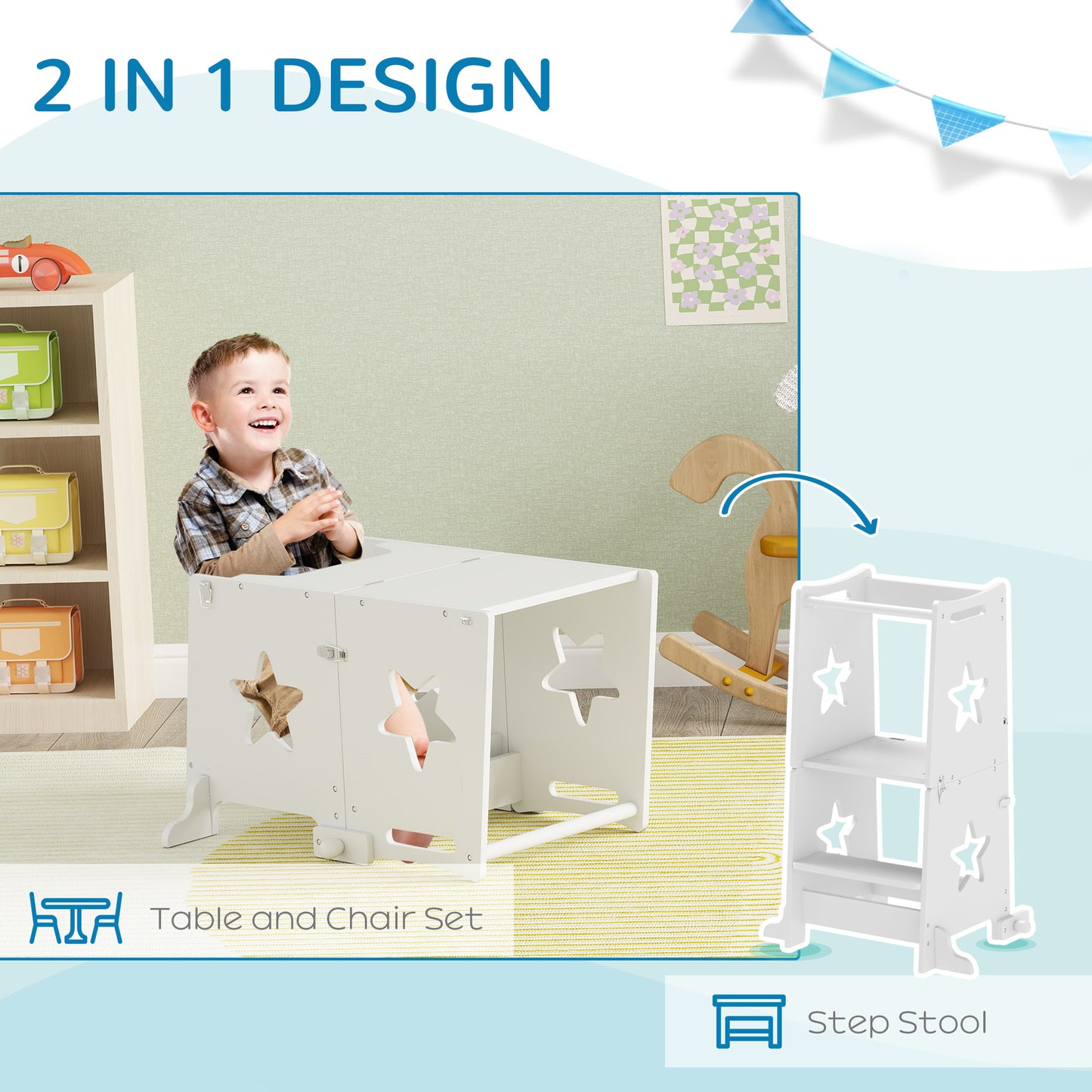 Toddler Step Stool, Standing Tower, 2 in 1 Toddler Step with Safety Rail, for Kitchen, Bathroom, Counter, White