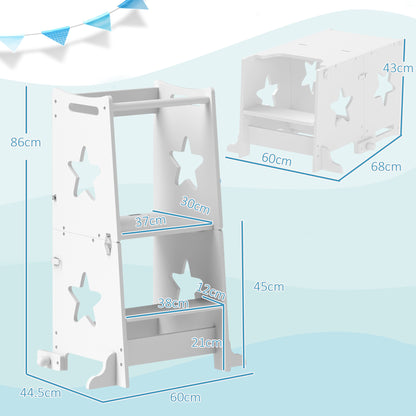 Toddler Step Stool, Standing Tower, 2 in 1 Toddler Step with Safety Rail, for Kitchen, Bathroom, Counter, White