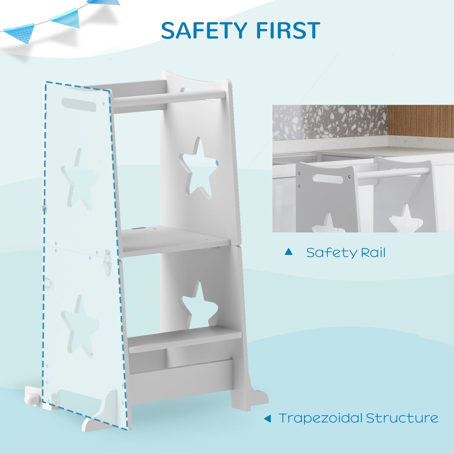 2 in 1 Toddler Step Stool with Safety Rail for Kitchen, White