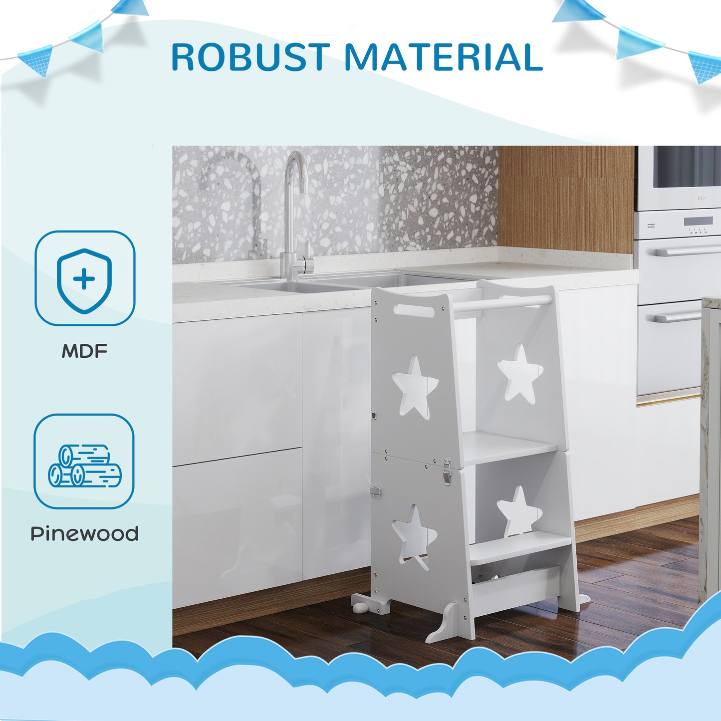 Toddler Step Stool, Standing Tower, 2 in 1 Toddler Step with Safety Rail, for Kitchen, Bathroom, Counter, White
