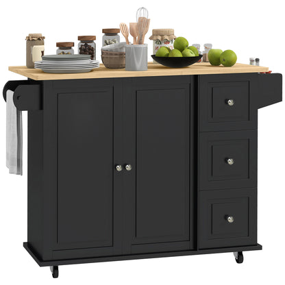 Kitchen Island with Drop Leaf, Rolling Kitchen Storage Trolley on Wheels with 3 Drawers, Spice Rack and Towel Rack, Storage Cart with Rubber Wood Top, Black