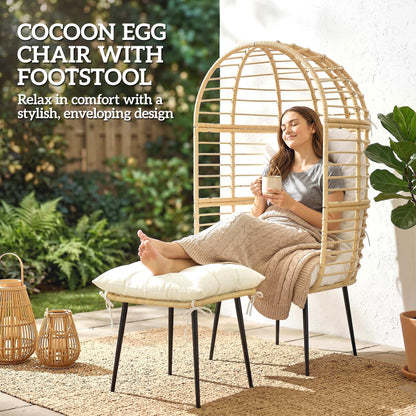 Standing Garden Egg Chair with Footstool, PE Rattan Outdoor Lounge Chair and Ottoman Set with Thick Cushions, Indoor Outdoor Egg Basket Seating for Patio Balcony Porch, Beige