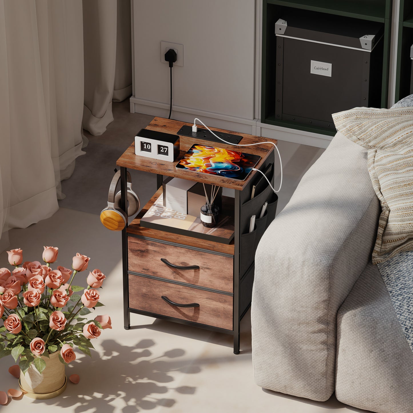 Slim Side Table with Charging Station, Bedside Table, Rustic Brown