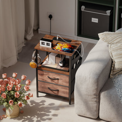 Slim Side Table with Charging Station, Bedside Table, Rustic Brown