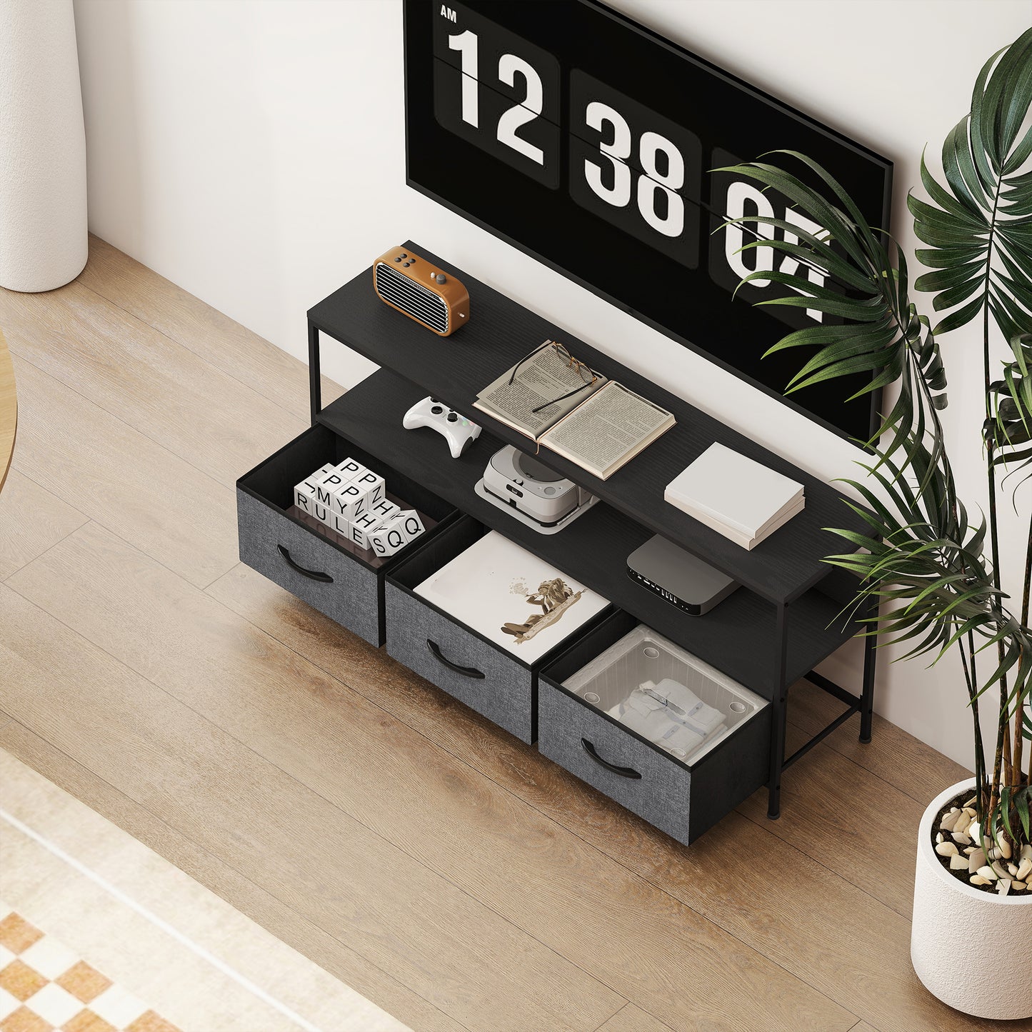 TV Cabinet, TV Console Unit with 3 Foldable Linen Drawers Black