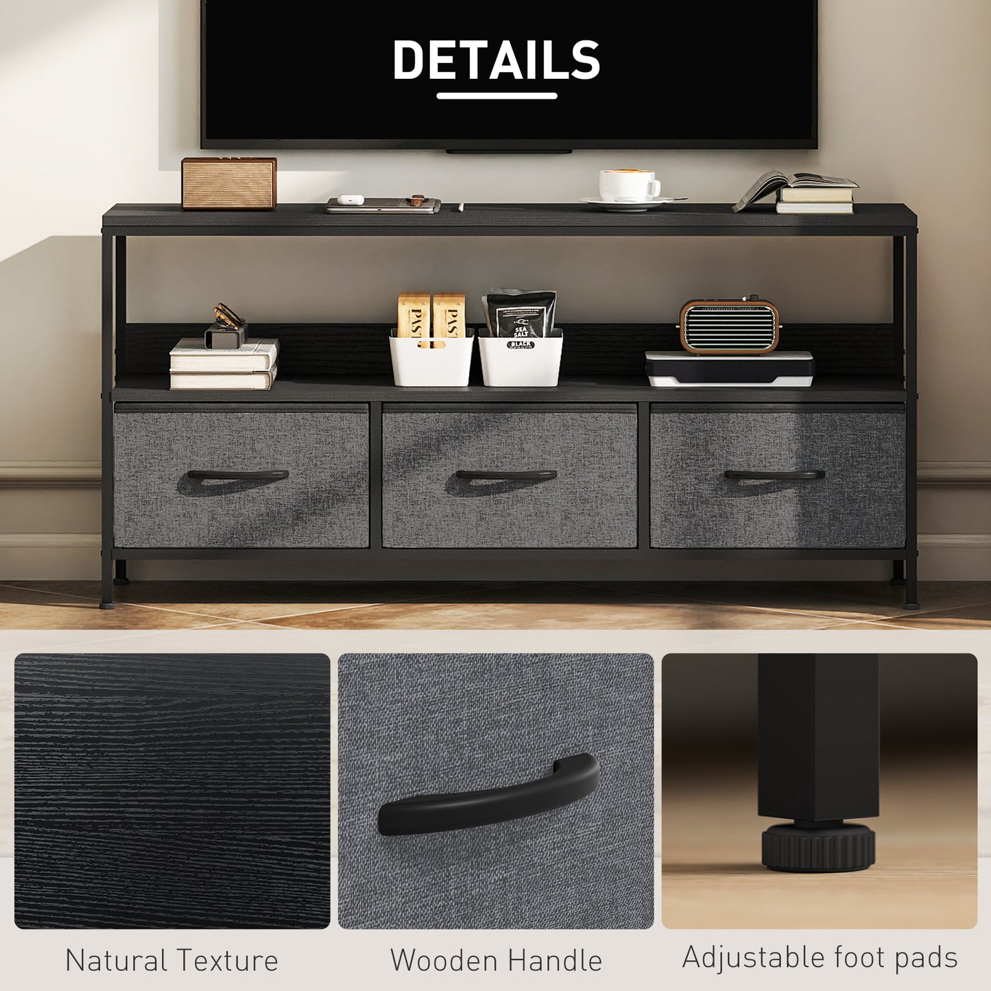 TV Cabinet, TV Console Unit with 3 Foldable Linen Drawers Black