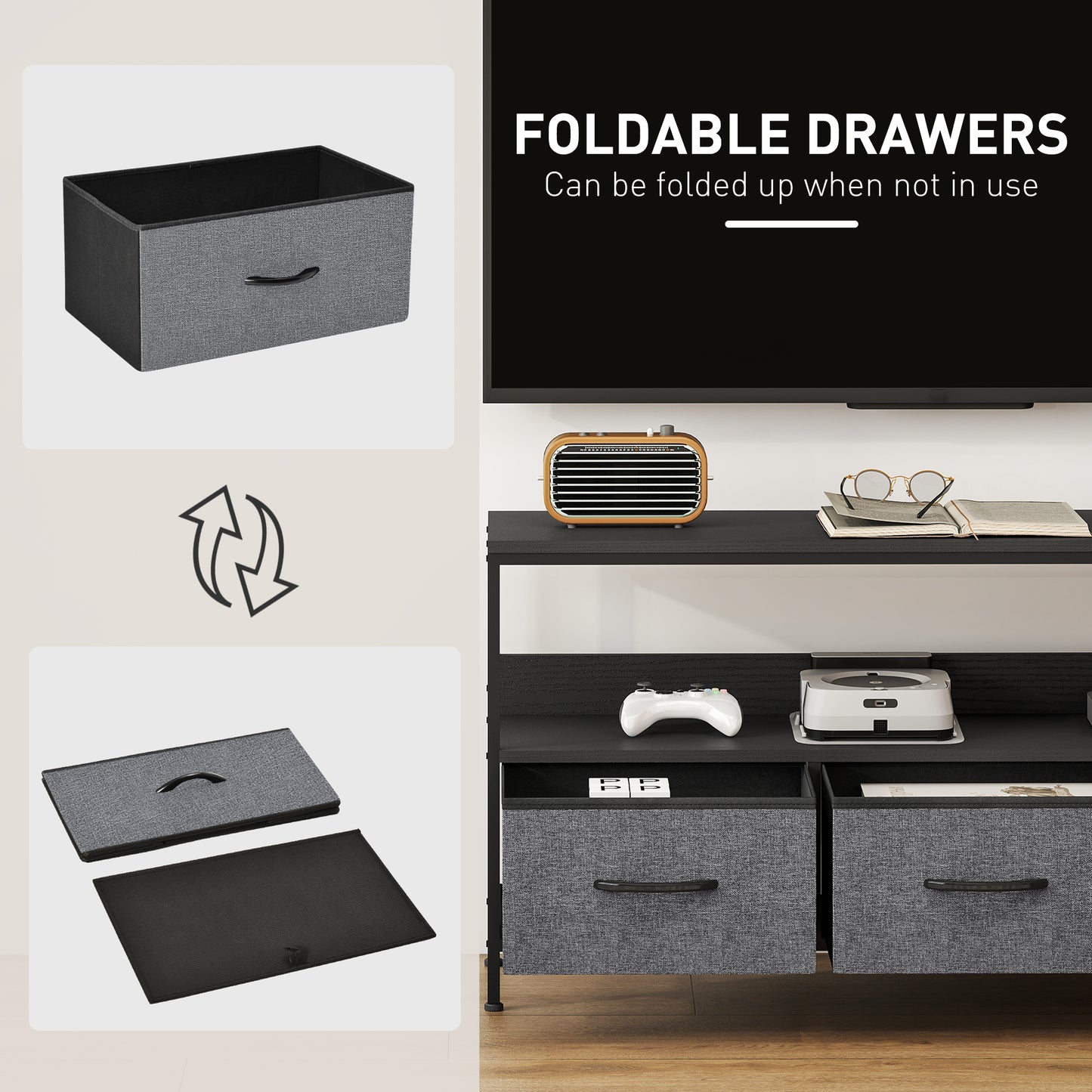 TV Cabinet, TV Console Unit with 3 Foldable Linen Drawers Black