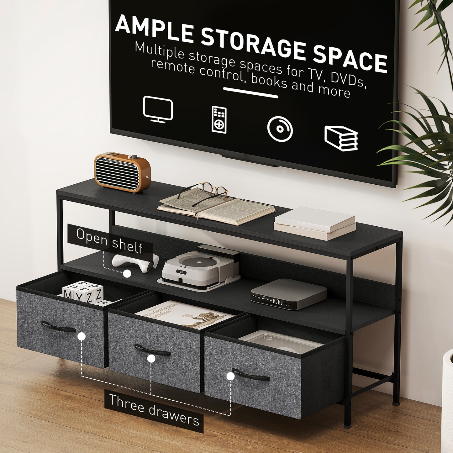 TV Cabinet, TV Console Unit with 3 Foldable Linen Drawers Black