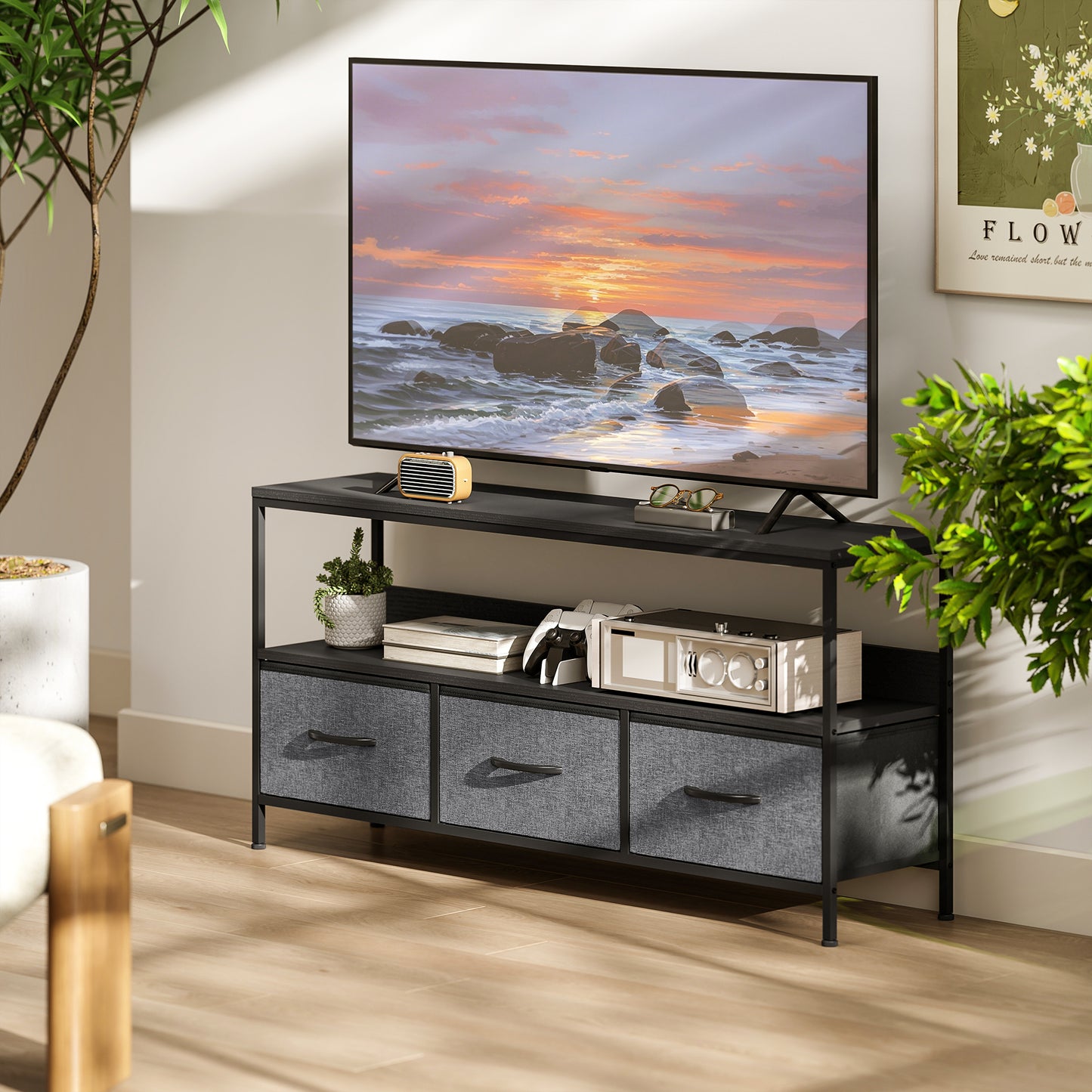 TV Cabinet, TV Console Unit with 3 Foldable Linen Drawers Black