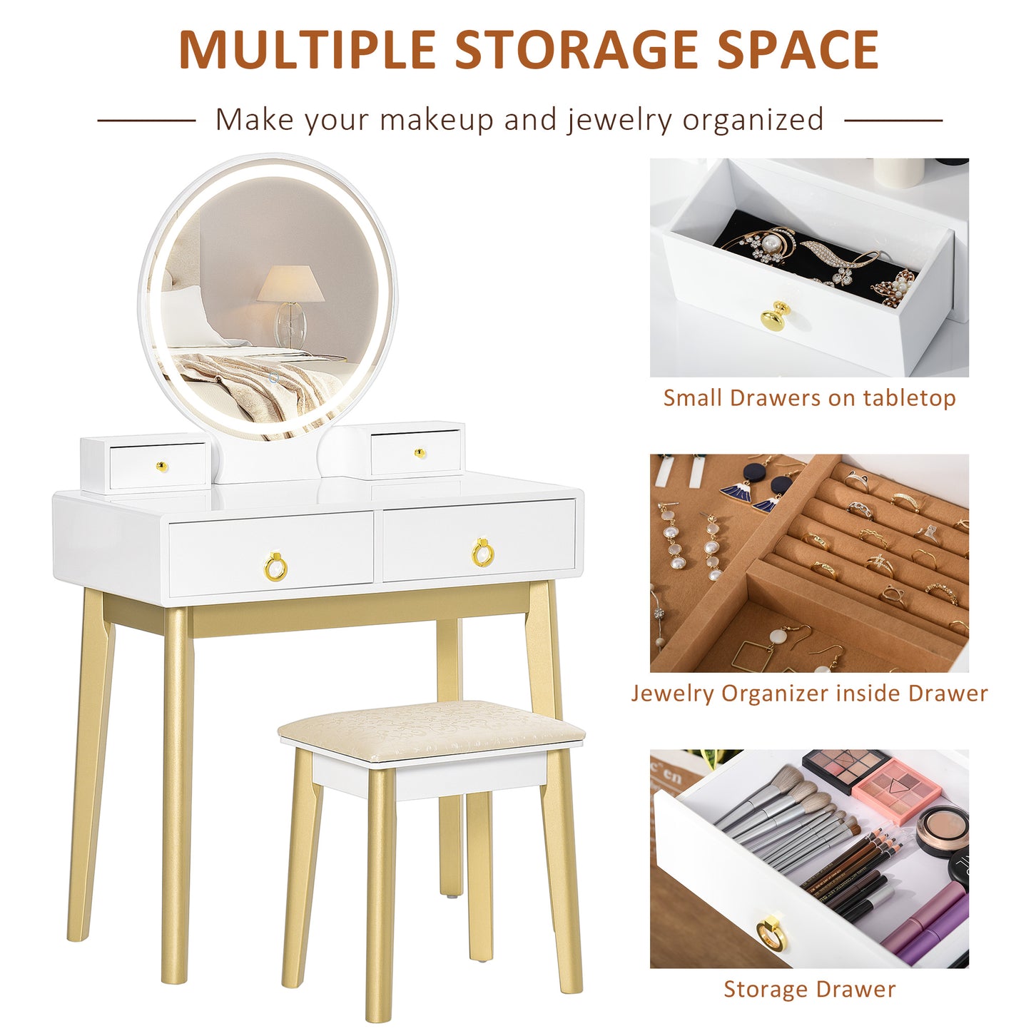 Dressing Table Set with Mirror, Built-in 3 Color LED Light, Vanity Makeup Table with 4 Drawers and Cushioned Stool for Bedroom, White