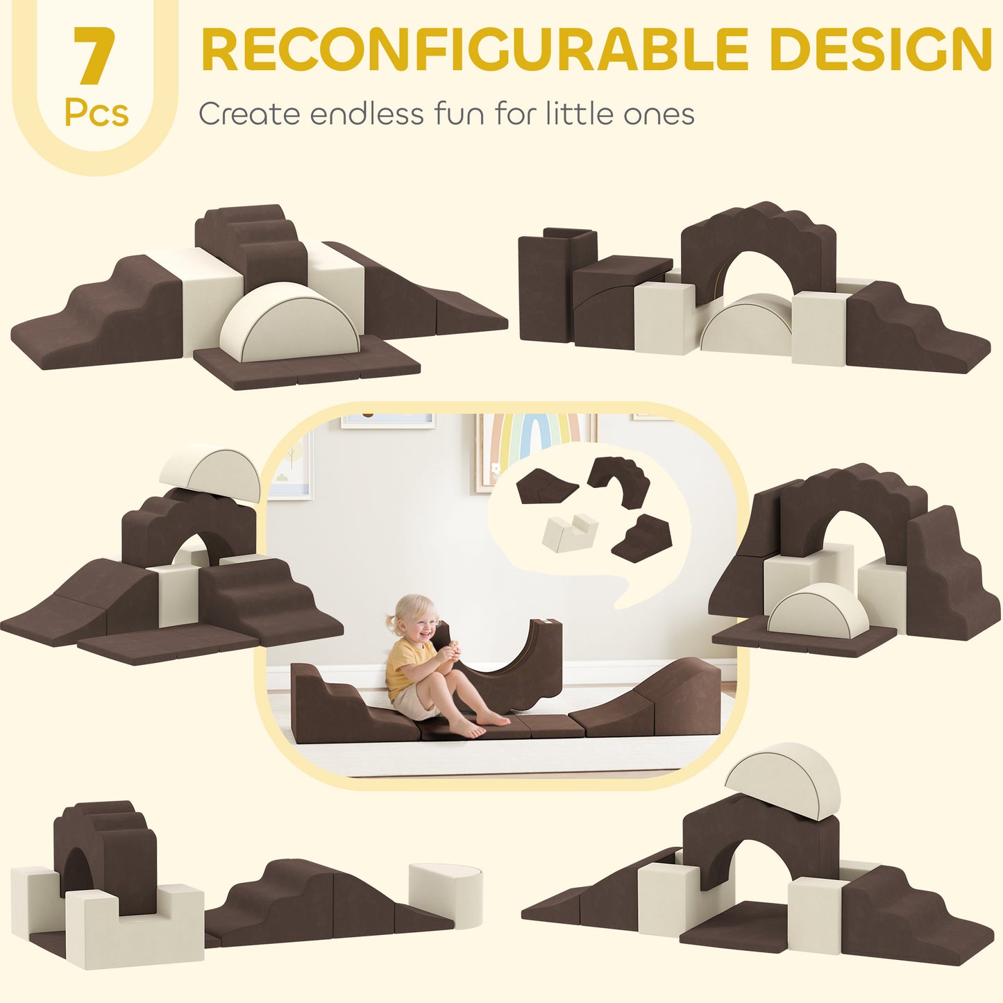 Kids Soft Play Set, 7 Piece Foam Climbing Blocks, Brown