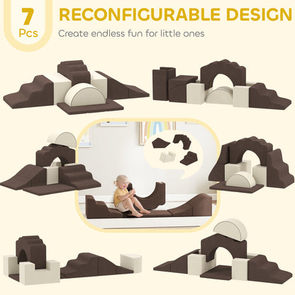 Kids Soft Play Set, 7 Piece Foam Climbing Blocks, Brown