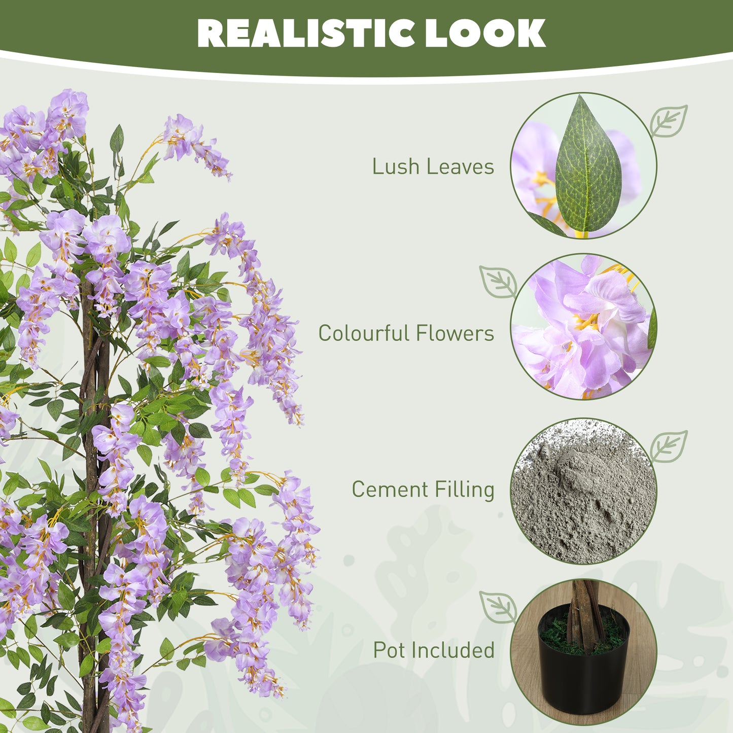 Artificial Wisteria Flower with 756 Leaves and 54 Flowers, Purple