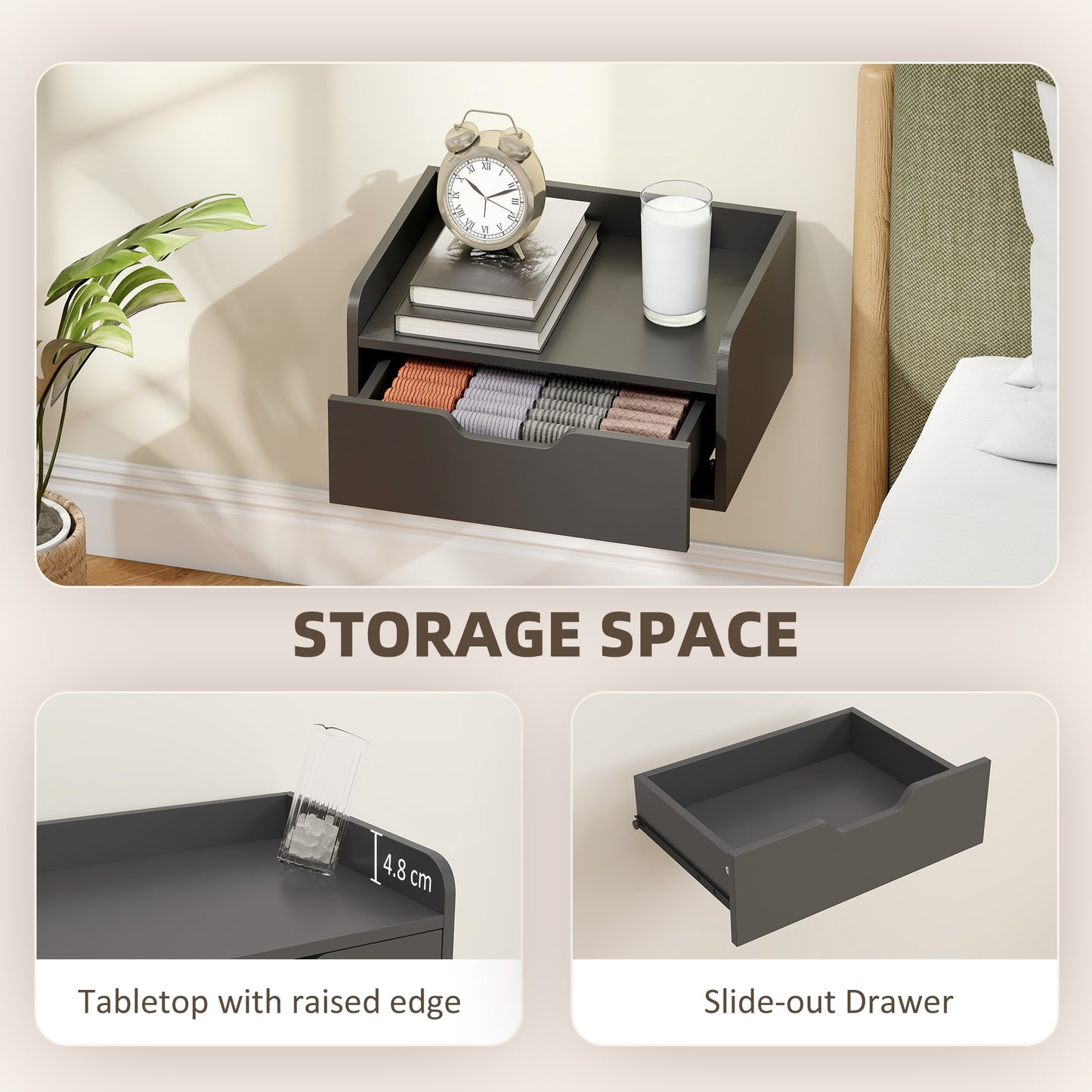 Floating Nightstands Set of 2, Nightstand with Drawer, Black
