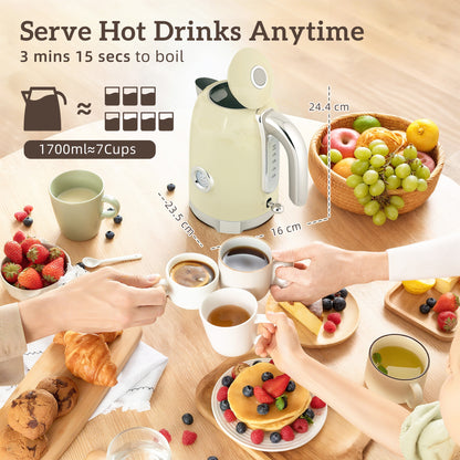 3000W 1.7L Kettle with Retro Thermometer, 4 Slice Toaster Set, Cream