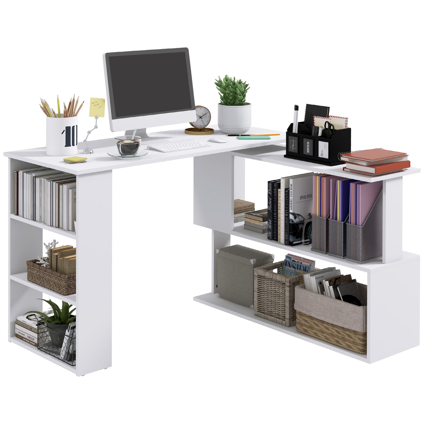 Corner Computer Desk with 360° Rotating Design and Bookshelf, White