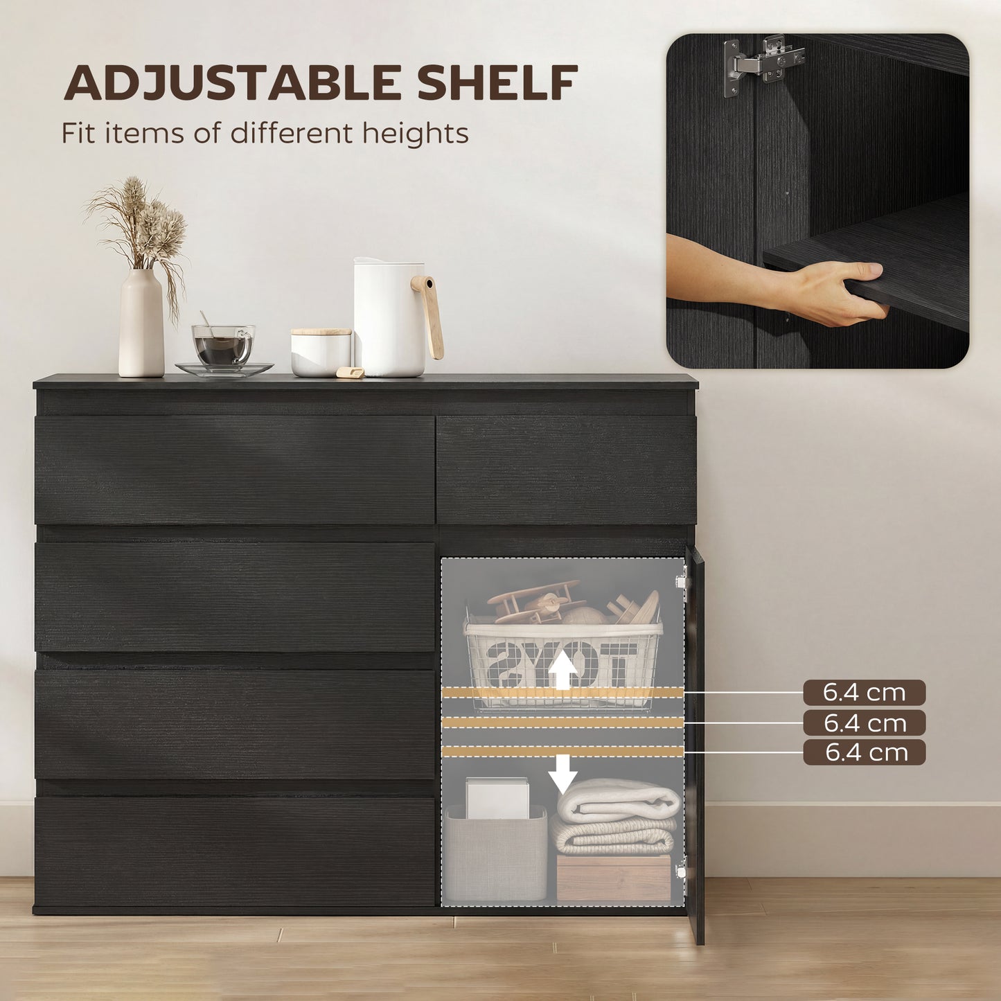 Sideboard Storage Cabinet, Kitchen Cupboard with 5 Drawers, Black
